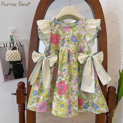 Humor Bear Djevojačke ljetne nove male svježe retro print leteći rukavi leptir-mašne haljina princeze Vestidos Ležerna odjeća 2-6Y