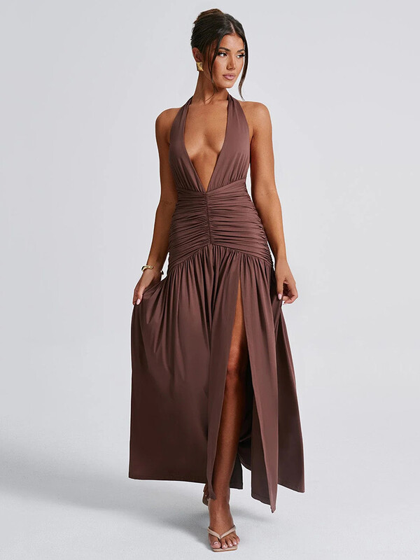 „Mozision Halter Deep V Neck Maxi“ suknelė be nugarų Moterims Madinga tvirta rankovių šlaunų aukšta, seksuali, ilga elegantiška suknelė