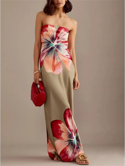 3D gėlių raštų ilga suknelė, skirta moterims vakarėliui paplūdimio be petnešėlių, plona suknelė Vestidos naujos mados 2024 m. vasaros suknelė