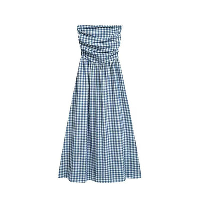 Vintažinė languota suknelė, moteriška vasariška korėjietiška elegantiška vamzdinė suknelė, puikiai tinkanti vidutinė suknelė Y2K, atlenkiama nuo pečių, šventinė paplūdimio vestidos