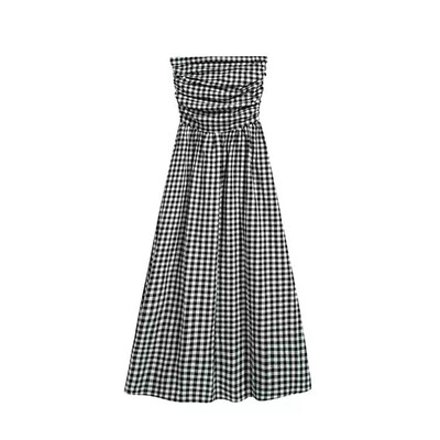 Vintažinė languota suknelė, moteriška vasariška korėjietiška elegantiška vamzdinė suknelė, puikiai tinkanti vidutinė suknelė Y2K, atlenkiama nuo pečių, šventinė paplūdimio vestidos