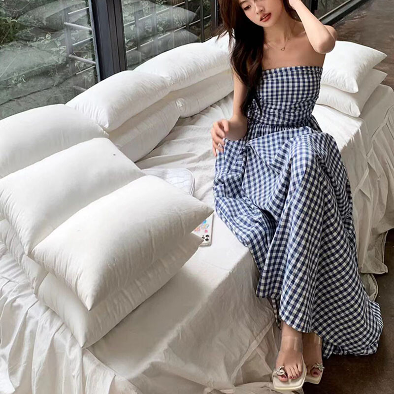 Vintažinė languota suknelė, moteriška vasariška korėjietiška elegantiška vamzdinė suknelė, puikiai tinkanti vidutinė suknelė Y2K, atlenkiama nuo pečių, šventinė paplūdimio vestidos