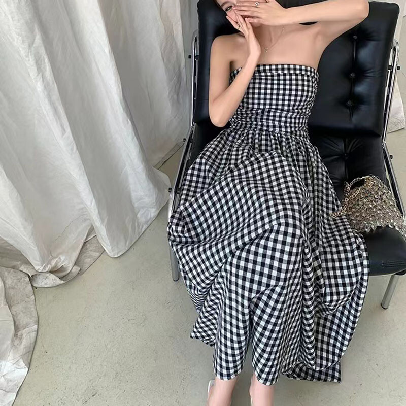 Vintažinė languota suknelė, moteriška vasariška korėjietiška elegantiška vamzdinė suknelė, puikiai tinkanti vidutinė suknelė Y2K, atlenkiama nuo pečių, šventinė paplūdimio vestidos