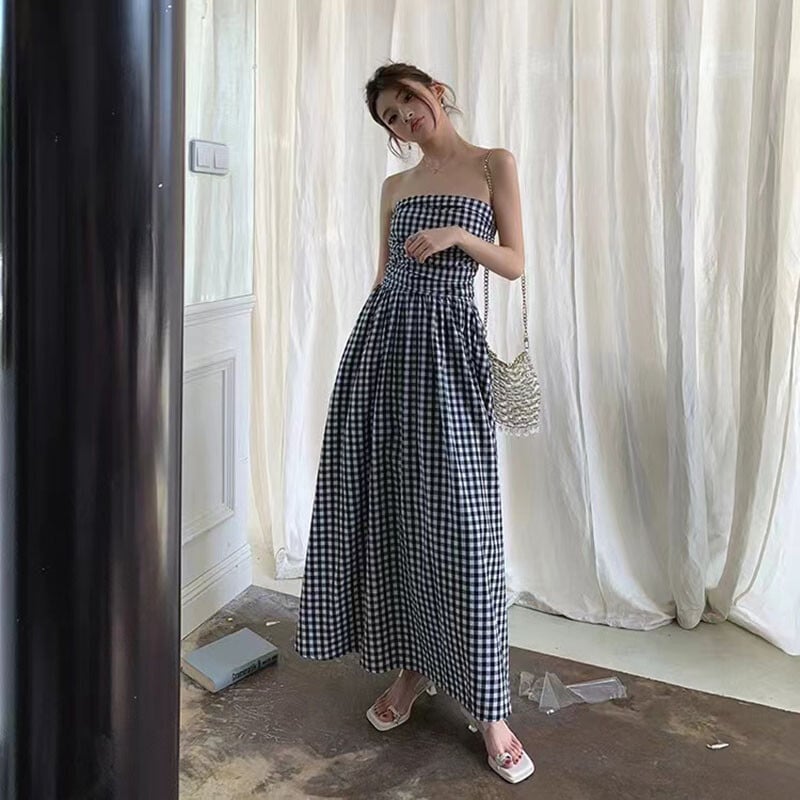 Vintažinė languota suknelė, moteriška vasariška korėjietiška elegantiška vamzdinė suknelė, puikiai tinkanti vidutinė suknelė Y2K, atlenkiama nuo pečių, šventinė paplūdimio vestidos