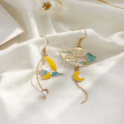 Hiina stiilis kokkupandav lehvikkraana karpkala lootose asümmeetriline pikk tutt rippuv rahvusliku stiiliga kõrvarõngad naistele ehted kingitus