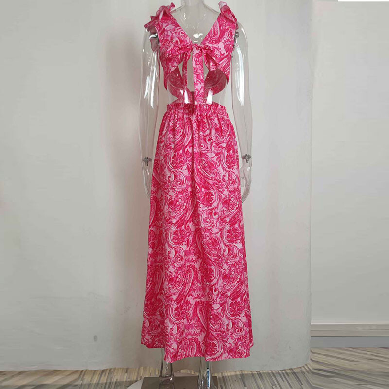 Vasaros marginta raukinių ilga suknelė Moteriška Seksuali V formos iškirptė aukštu juosmeniu tuščiavidurė vakarėliui skirta suknelė pavasariškomis peteliškėmis rankovėmis, skeltomis Boho suknelėmis