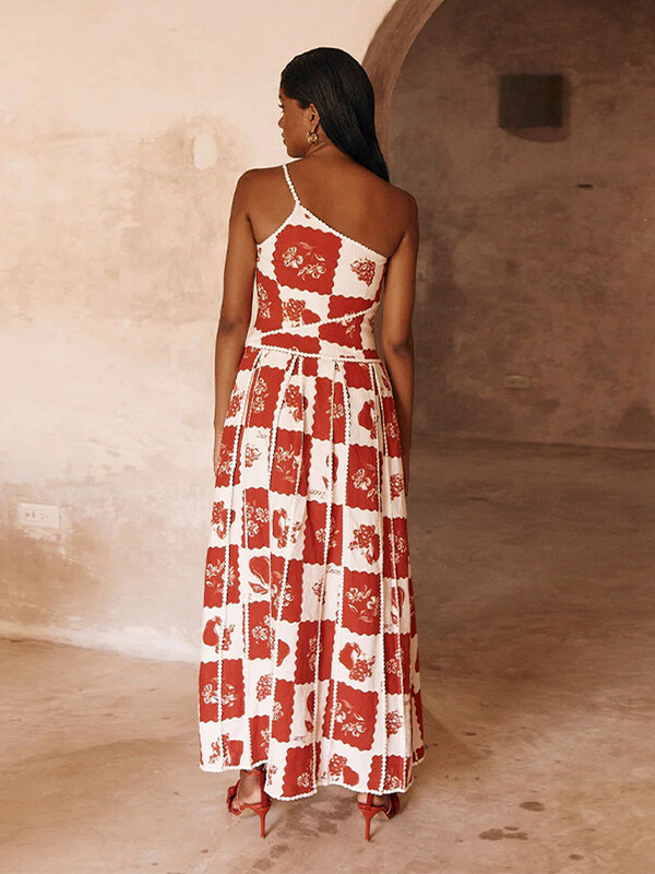 Rochie cu guler înclinat cu imprimeu în contrast de culoare la modă pentru femei, vară, fără spate, fără mâneci, rochie în linie A 2024, haine pentru damă șic Highstreet