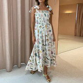 Combhasaki naiste Y2K suvise vibuga seotud õlarihmad, seljaga lahtised, shirred Fish Print Beach Boho A-Line Smocked Tank kleit