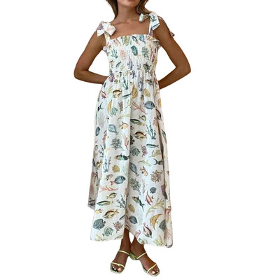 Combhasaki naiste Y2K suvise vibuga seotud õlarihmad, seljaga lahtised, shirred Fish Print Beach Boho A-Line Smocked Tank kleit