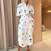 Naiste vabaaja kleit Suvine puhvis varrukatega Vintage trükisega sidemega pikad kleidid 2024 Elegantsed naiste rannapuhkusepeo Vestidos