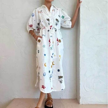 Casual Midi Γυναικείο Φόρεμα Καλοκαιρινό Puff μανίκι Vintage Print Επίδεσμος Μακριά Φορέματα 2024 Elegant Ladies Beach Holiday Party Vestidos