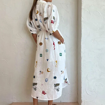 Casual Midi Γυναικείο Φόρεμα Καλοκαιρινό Puff μανίκι Vintage Print Επίδεσμος Μακριά Φορέματα 2024 Elegant Ladies Beach Holiday Party Vestidos