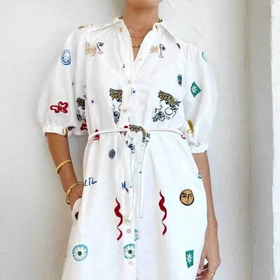 Naiste vabaaja kleit Suvine puhvis varrukatega Vintage trükisega sidemega pikad kleidid 2024 Elegantsed naiste rannapuhkusepeo Vestidos