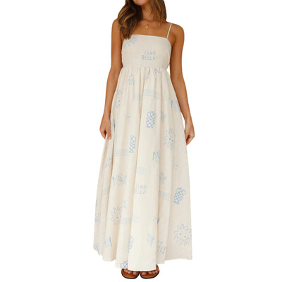 Moteriška madinga „Boho“ spagečių suknelė su gėlėmis su kvadratiniu kaklu, iškirpta nugara, ilga suknelė paplūdimio atostogoms skraidanti suknelė