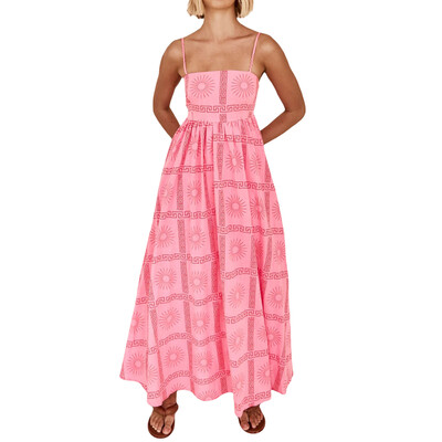 Moteriška madinga „Boho“ spagečių suknelė su gėlėmis su kvadratiniu kaklu, iškirpta nugara, ilga suknelė paplūdimio atostogoms skraidanti suknelė