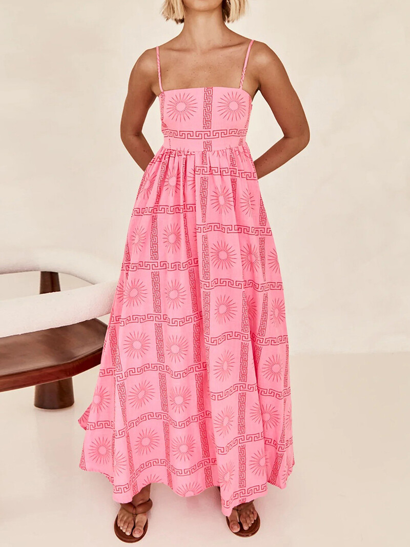 Moteriška madinga „Boho“ spagečių suknelė su gėlėmis su kvadratiniu kaklu, iškirpta nugara, ilga suknelė paplūdimio atostogoms skraidanti suknelė