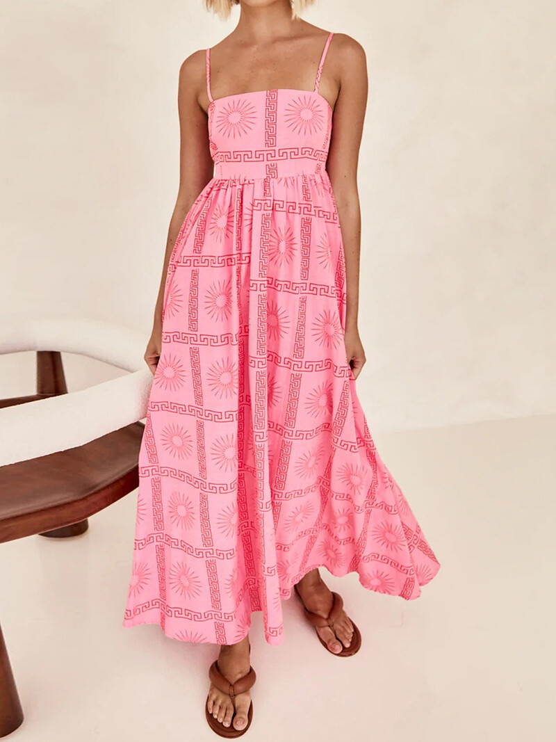 Moteriška madinga „Boho“ spagečių suknelė su gėlėmis su kvadratiniu kaklu, iškirpta nugara, ilga suknelė paplūdimio atostogoms skraidanti suknelė