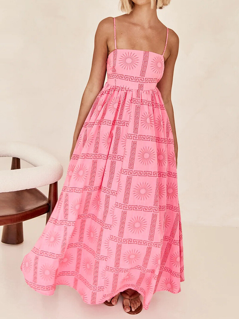 Moteriška madinga „Boho“ spagečių suknelė su gėlėmis su kvadratiniu kaklu, iškirpta nugara, ilga suknelė paplūdimio atostogoms skraidanti suknelė