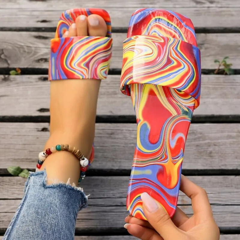 Γυναικεία παπούτσια 2024 New Fashion Basic γυναικείες παντόφλες Καλοκαιρινές παντόφλες εξωτερικού χώρου Flat με τετράγωνες παντόφλες χρώματος