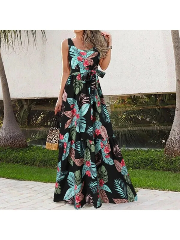 pluss suurus Ruudukaelusega varrukateta rihm vabaajakleit Elegantne lillemustriga moodne avar pikk kleit Mitmekülgne igapäevane pikk kleit