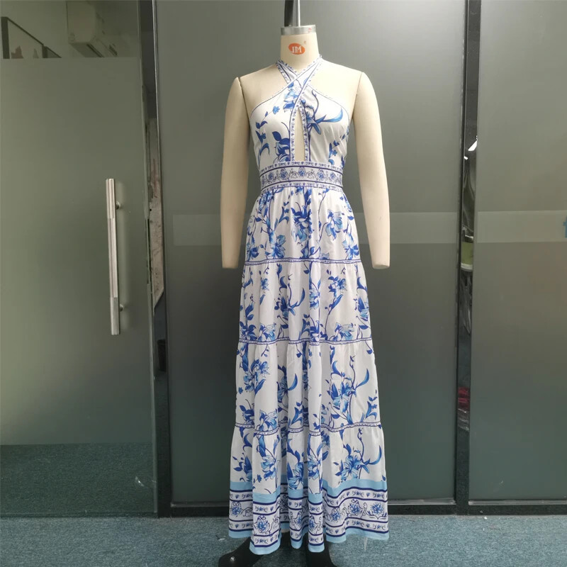 Wefads Naiste Maxi kleidid Suvemood Vintage trükitud seljata päitseteta lipsu väljalõikega peorand pika seelikuga kleidid