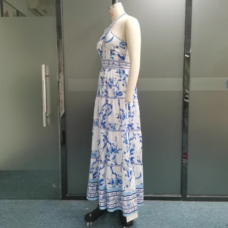 Wefads Naiste Maxi kleidid Suvemood Vintage trükitud seljata päitseteta lipsu väljalõikega peorand pika seelikuga kleidid