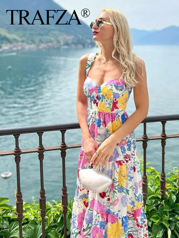 TRAFZA suvised naised elegantsed lilledega prinditud rihmadega kleit Moodne seljata varrukateta midikleidid Naistele mõeldud plisseeritud pühadepikkuses kleit