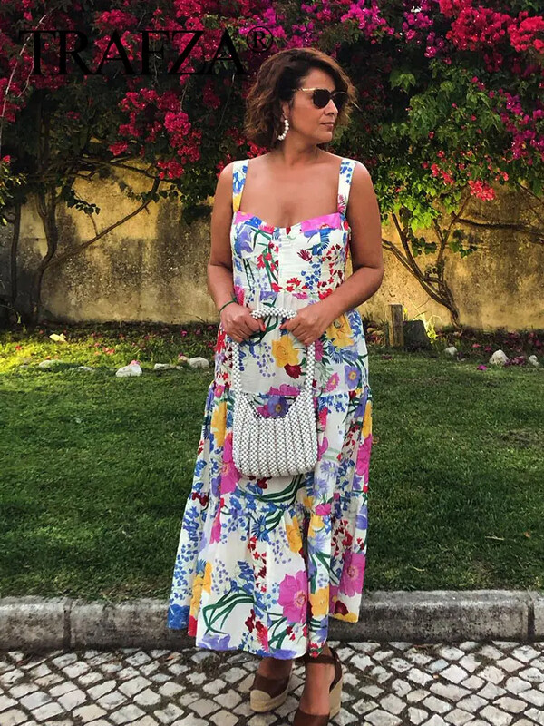 TRAFZA suvised naised elegantsed lilledega prinditud rihmadega kleit Moodne seljata varrukateta midikleidid Naistele mõeldud plisseeritud pühadepikkuses kleit