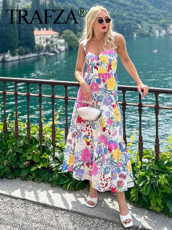 TRAFZA suvised naised elegantsed lilledega prinditud rihmadega kleit Moodne seljata varrukateta midikleidid Naistele mõeldud plisseeritud pühadepikkuses kleit