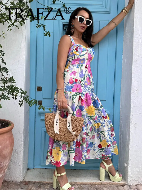 TRAFZA suvised naised elegantsed lilledega prinditud rihmadega kleit Moodne seljata varrukateta midikleidid Naistele mõeldud plisseeritud pühadepikkuses kleit