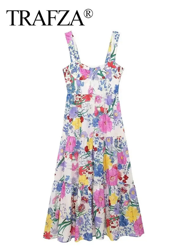 TRAFZA suvised naised elegantsed lilledega prinditud rihmadega kleit Moodne seljata varrukateta midikleidid Naistele mõeldud plisseeritud pühadepikkuses kleit