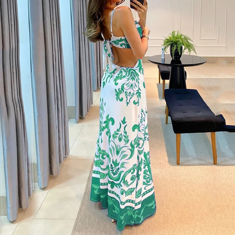 Wefads Maxi haljina Ženske elegantne šik ljetne široke duge haljine bez rukava bez rukava s printom i tregerima bez leđa.