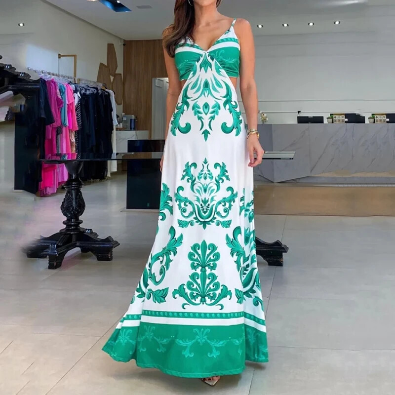 Wefads Maxi haljina Ženske elegantne šik ljetne široke duge haljine bez rukava bez rukava s printom i tregerima bez leđa.