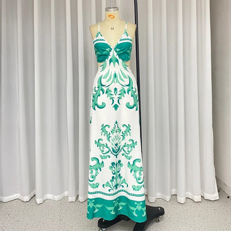 Wefads Maxi haljina Ženske elegantne šik ljetne široke duge haljine bez rukava bez rukava s printom i tregerima bez leđa.