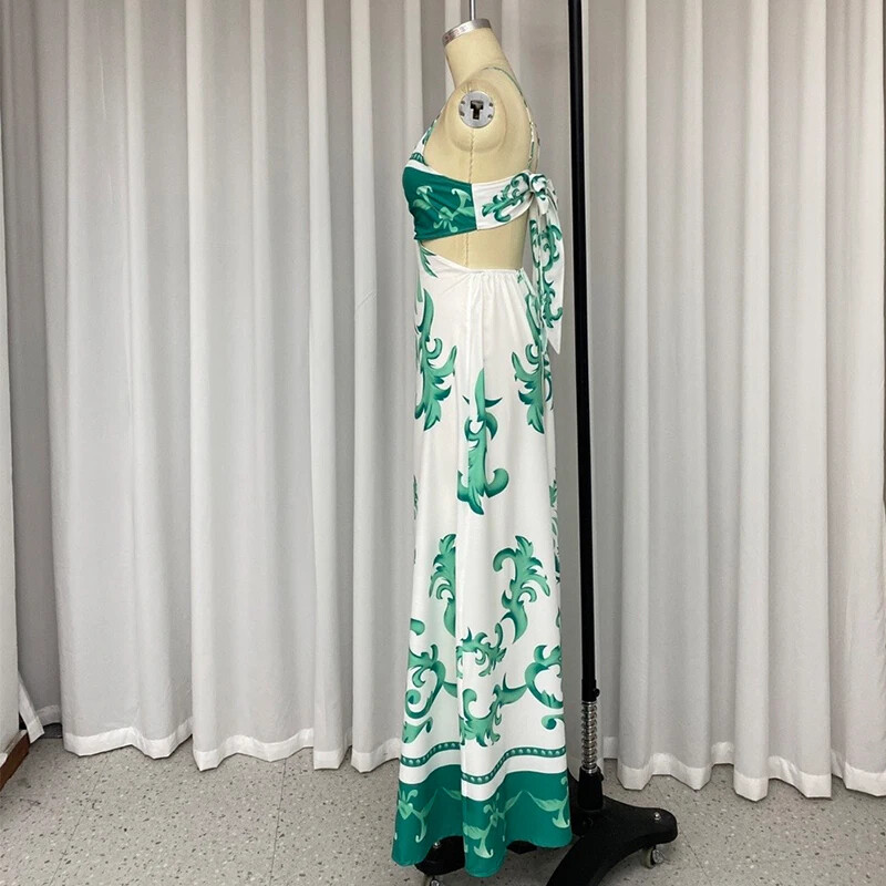 Wefads Maxi haljina Ženske elegantne šik ljetne široke duge haljine bez rukava bez rukava s printom i tregerima bez leđa.