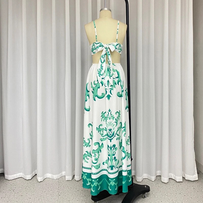 Wefads Maxi haljina Ženske elegantne šik ljetne široke duge haljine bez rukava bez rukava s printom i tregerima bez leđa.