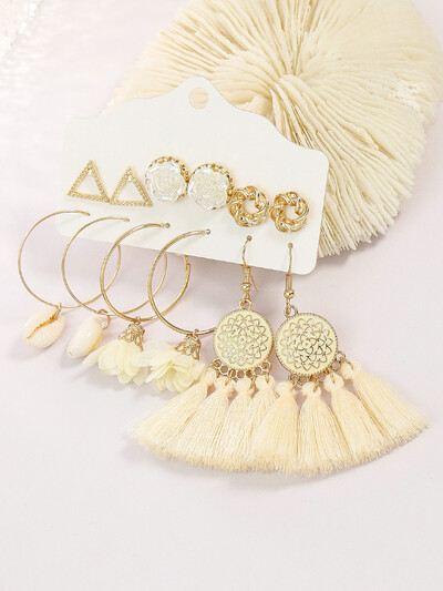 Trendikas mitmekülgne Golden Circle moodne valge tuttkõrvarõngaste ja kõrvaklappide kombinatsioon naistele, mida vähe värskelt kanda