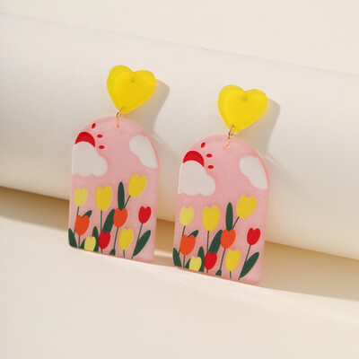 Cercei cu inimă pătrată cu model de flori de epocă pentru femei, rotund, rășină transparentă, acrilic, bijuterii simple pentru viața de zi cu zi Accesorii