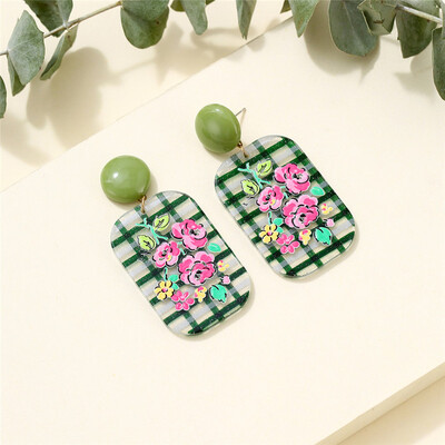 Cercei cu inimă pătrată cu model de flori de epocă pentru femei, rotund, rășină transparentă, acrilic, bijuterii simple pentru viața de zi cu zi Accesorii