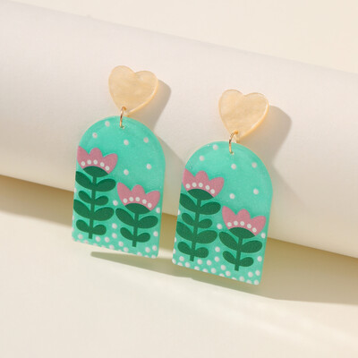 Cercei cu inimă pătrată cu model de flori de epocă pentru femei, rotund, rășină transparentă, acrilic, bijuterii simple pentru viața de zi cu zi Accesorii