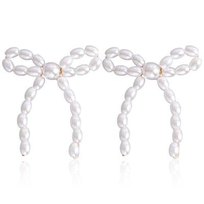 Senoviniai balti perlų imitacijos Bowknot auskarai moterims Elegantiški rankų darbo austi karoliukai Statement auskarai 2024 m.