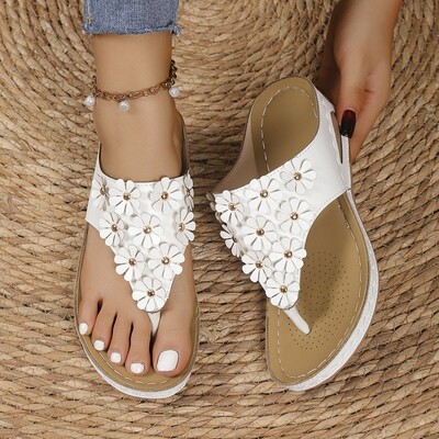 Dygliuoti gėlių sandalai moterims Vasaros paplūdimio neslystančios pleištinės šlepetės, moteriškos laisvalaikio lauko madingos susegtos pirštinės platforminės basutės