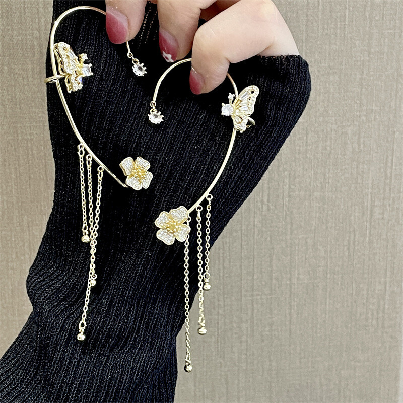 Läikiv tsirkoonist liblikas kõrvamanseti kullavärvi tutiklamber naistele Korea stiilis vasest kõrvarõngas ilma augustamiseta ehteid