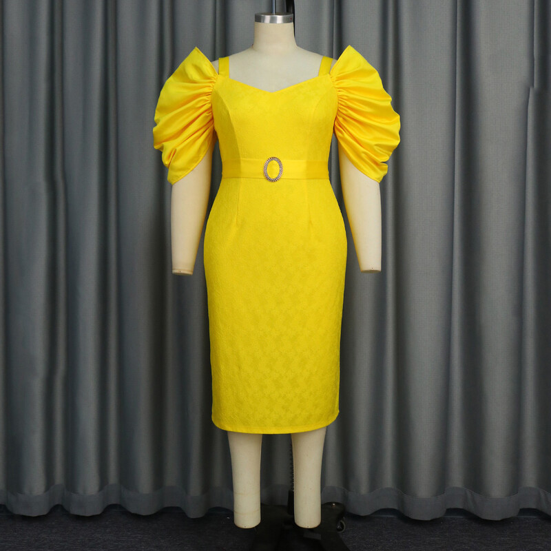 Rochii galbene de lux pentru femei cu bretele spaghete cu mâneci bufante, curea cu talie, la mijlocul gambei, rochii elegante pentru petrecerea de aniversare.