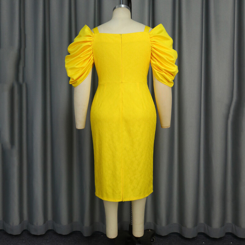 Rochii galbene de lux pentru femei cu bretele spaghete cu mâneci bufante, curea cu talie, la mijlocul gambei, rochii elegante pentru petrecerea de aniversare.