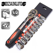 12 buc. Set de chei tubulare de 1/2 inch, prizele metrice cu impact, cheie cu clichet, set complet de instrumente, instrument profesional de reparații pentru garaj