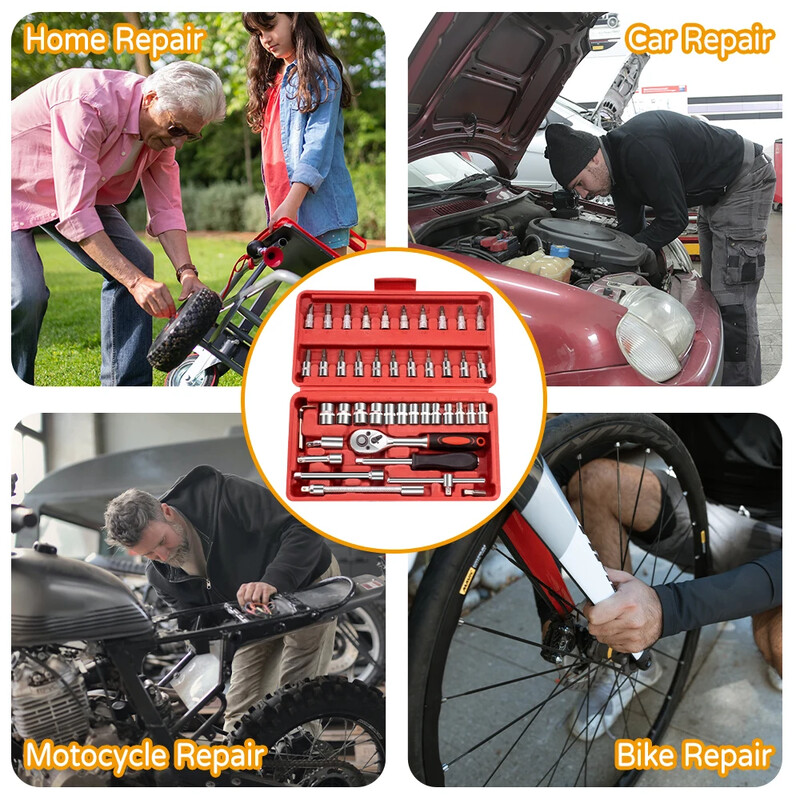 46 vnt Automobilių remonto įrankių rinkiniai Kombinuotasis reketinis sukimo momento veržliaraktis Metalo apdirbimo 1/4 colio veržliarakčių rinkinys Automechaniko remonto įrankiai