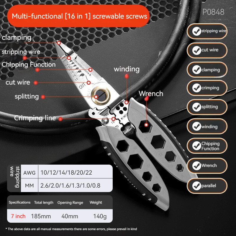 9-ühes multifunktsionaalsed elektritangid 7-tollised traadieemaldajad Kaabli eemaldamine pressimine ribadeks Väline kuuskantvõti Käsitööriistad