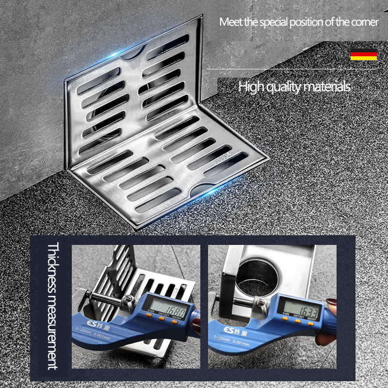 304 nehrđajući čelik u obliku slova L, hotelski ili kućni balkonski zidni kutni podni odvod 90 stupnjeva, okomita procjednost vode, odgovarajući promjer 75 mm