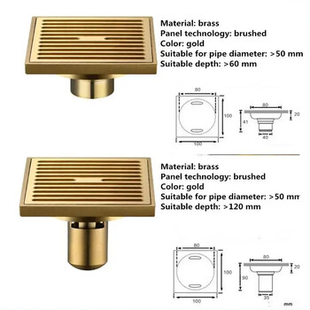 10*10 см Златен подов сифон Месинг за предотвратяване на миризми Сгъстяване на канализацията Душ Дренаж за баня Балкон Перална машина Сифон за под